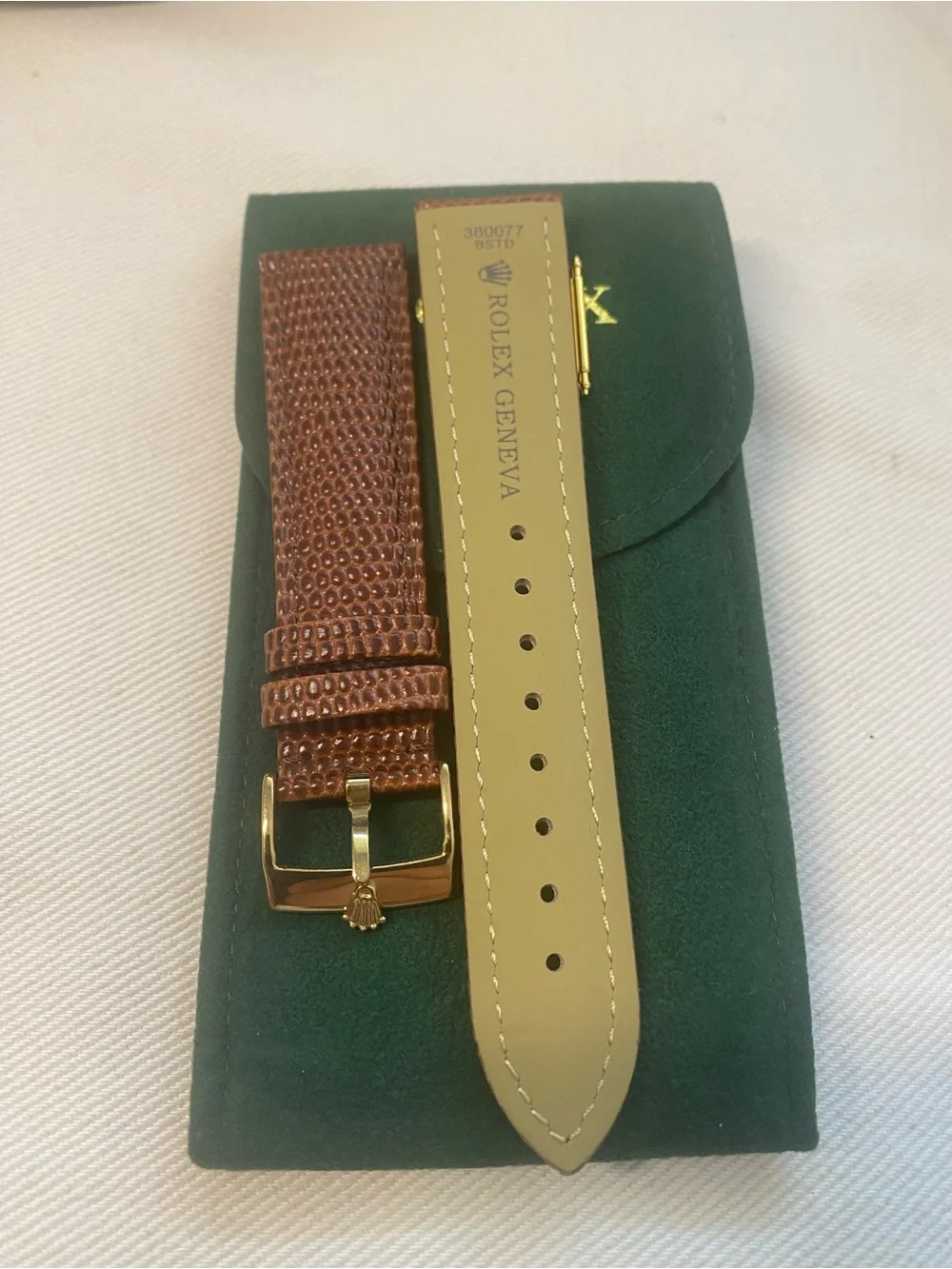 Vintage Brown Lizard-Texture Leather Watch Strap Rolex Gold Plated Buckle 20mm